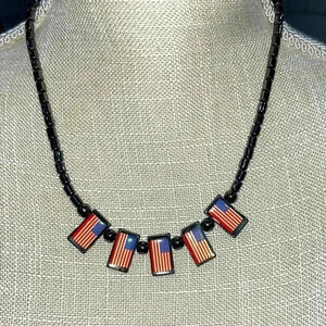 Hematite American flag patriotic necklace, 4th of July, unisex